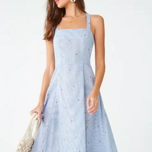 Pinstripe Criss-cross Back Midi Dress with Adorable little Embroidered Flowers S
